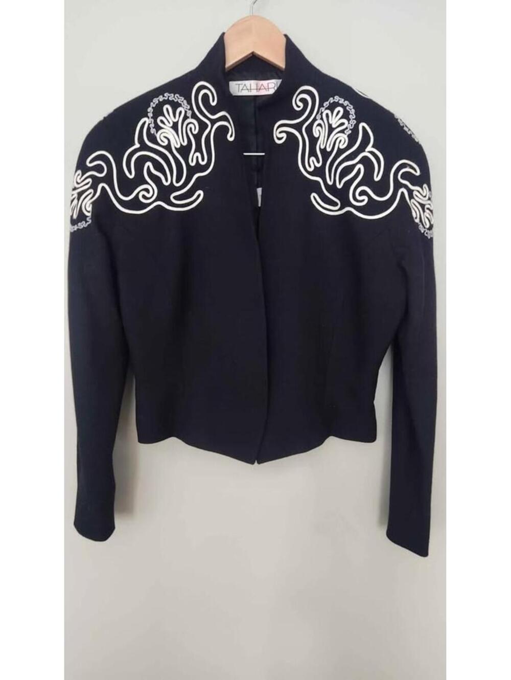 Vintage Bolero style Cropped Jacket Black wool & Padded Shoulders & Embroidery